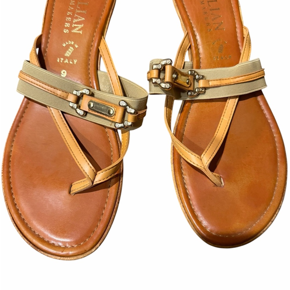 Italian Shoemakers Tan and Beige Leather Thong Sandals with Gold Accents